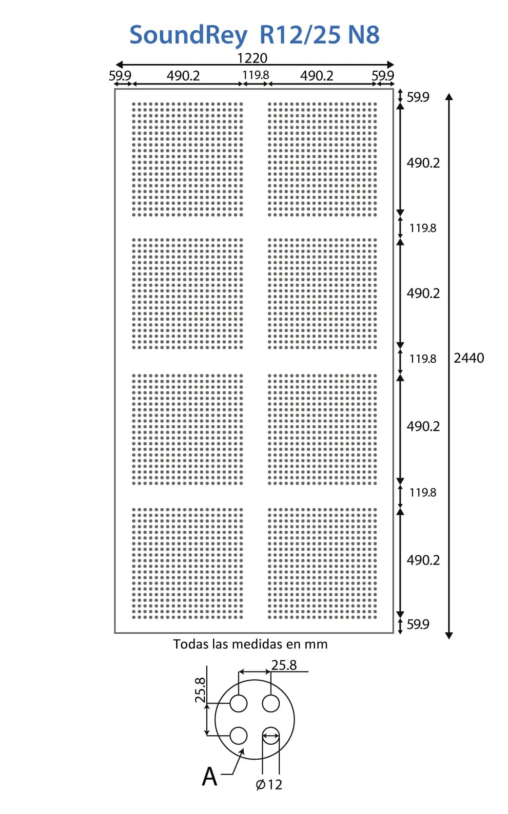 Plancha Acústica Sound Rey R12/25 N8 (perforación en circulos segmentado. 808290) 4' x 8' - 1/2"